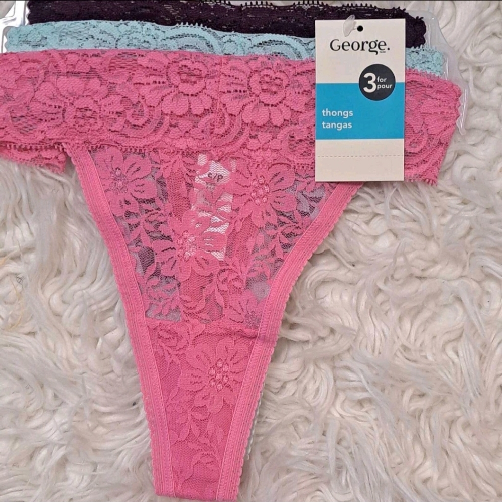Brand New 3 Pairs George Lace Thongs Set - Pink, Purple, Blue